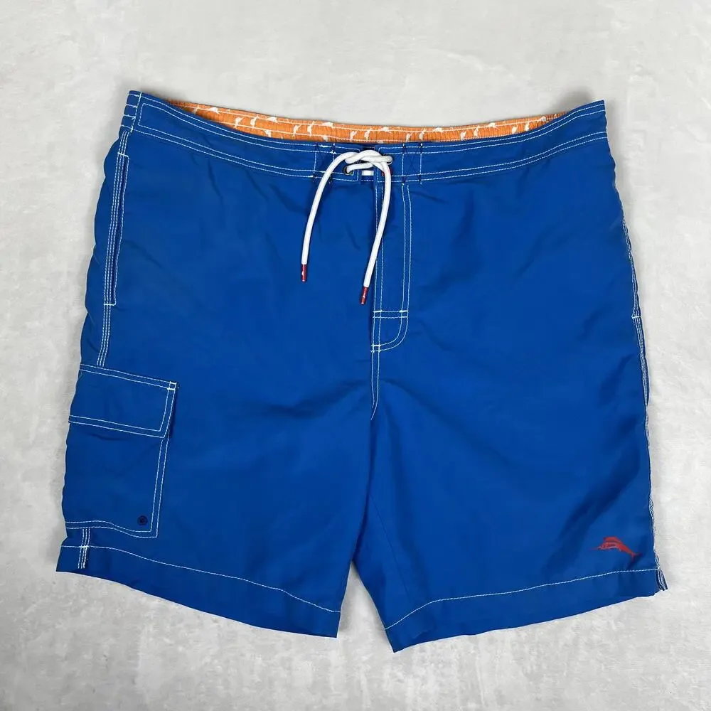 Tommy Bahama Swim Trunks Mens XL Blue Solid Cargo Mesh Lined Drawstring Pockets